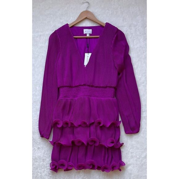 NWT Milly Ryan Pleated Chiffon Long Sleeve Mini Dress in Fuchsia, Size 6 - Picture 12 of 16